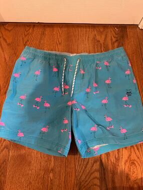Party Pants Swim Trunks Men's XL Blue/Pink Flamingo AOP Geometric Stretch Swim
